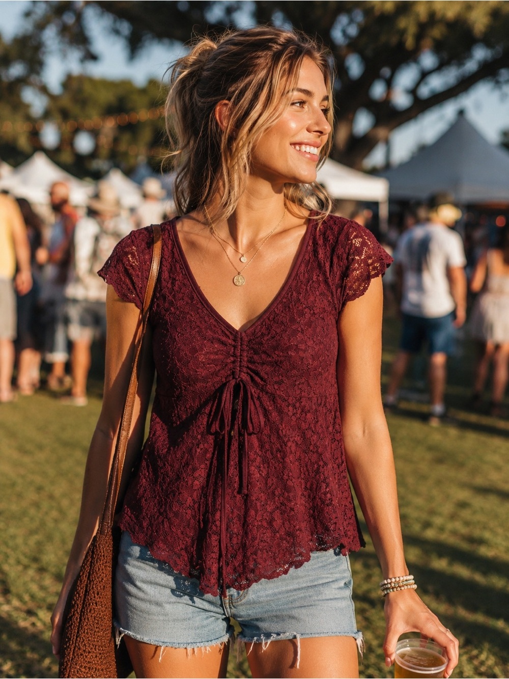 Orange Kiss Women’s Lace Ruched V-Neck Top - Burgundy Size Juniors Size